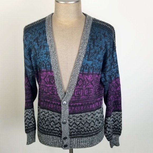 Vintage 90s Purple and Teal Printed Cozy Cardigan Grandpa Sweater Size Large - Picture 3 of 7